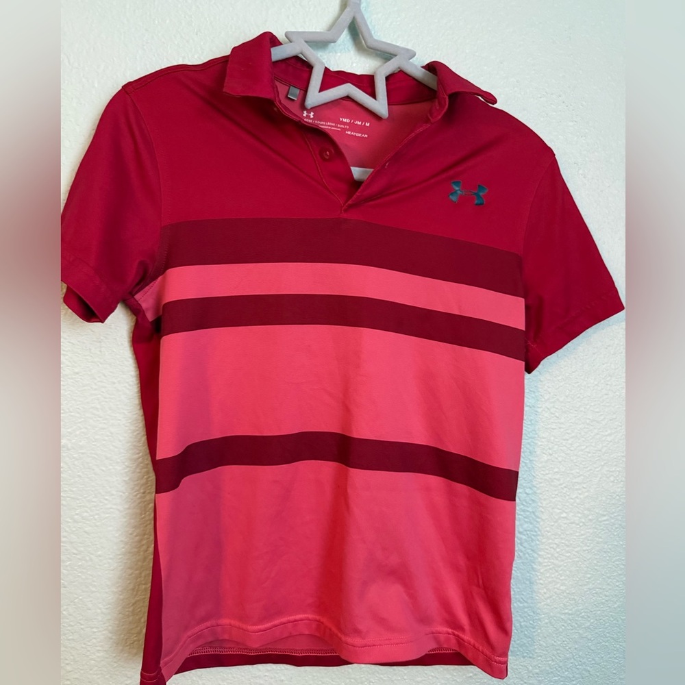 Under Armour Red and Pink Striped‎ Polo Shirt size M
